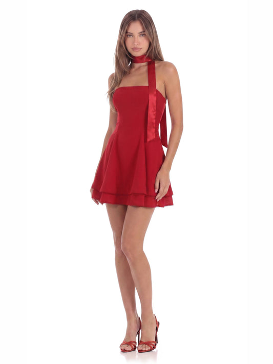 Red strapless A-line homecoming dress with ribbon tie and tiered tulle hem