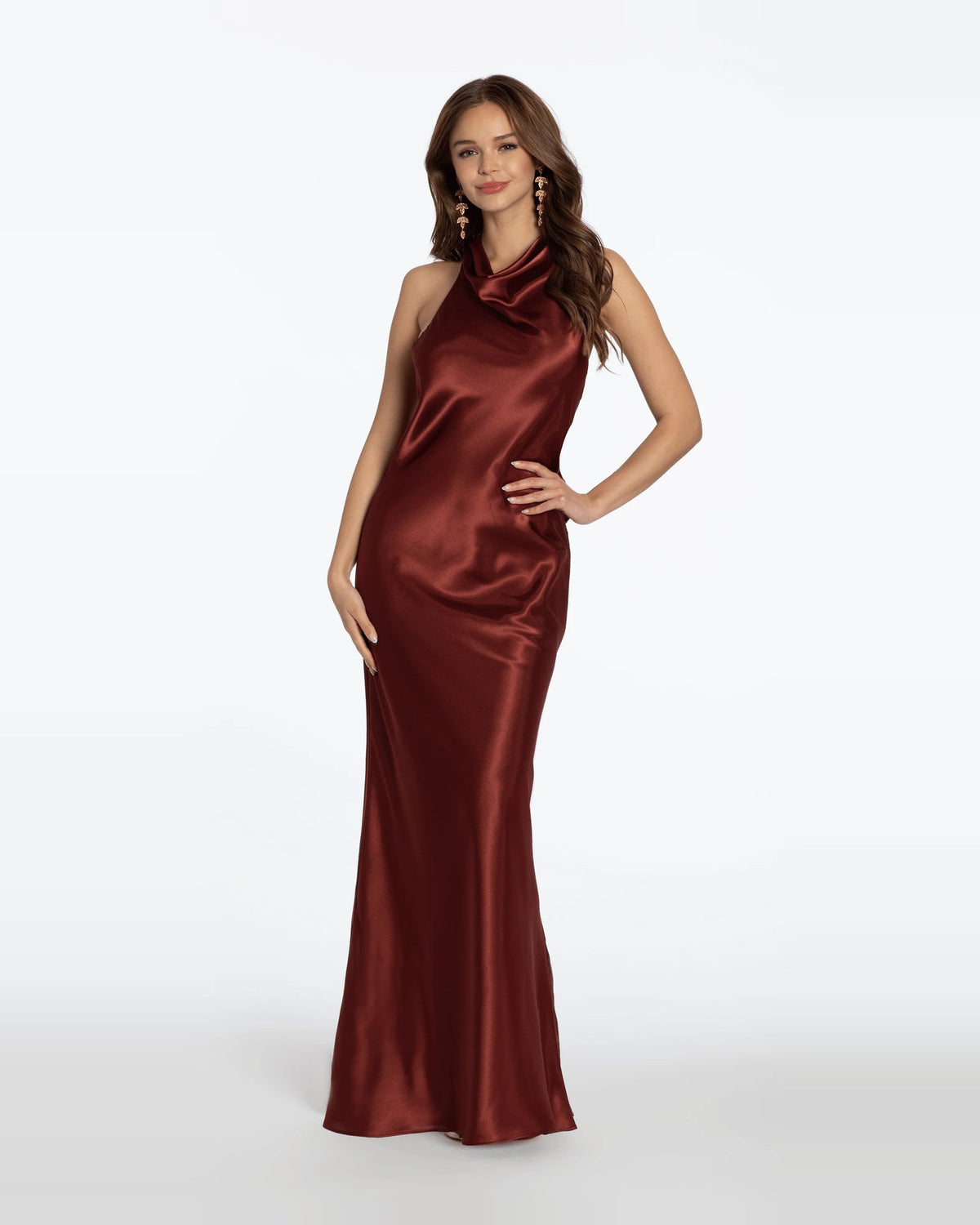 Halter neck column maxi prom dress in burgundy, angled front view with cowl neckline.