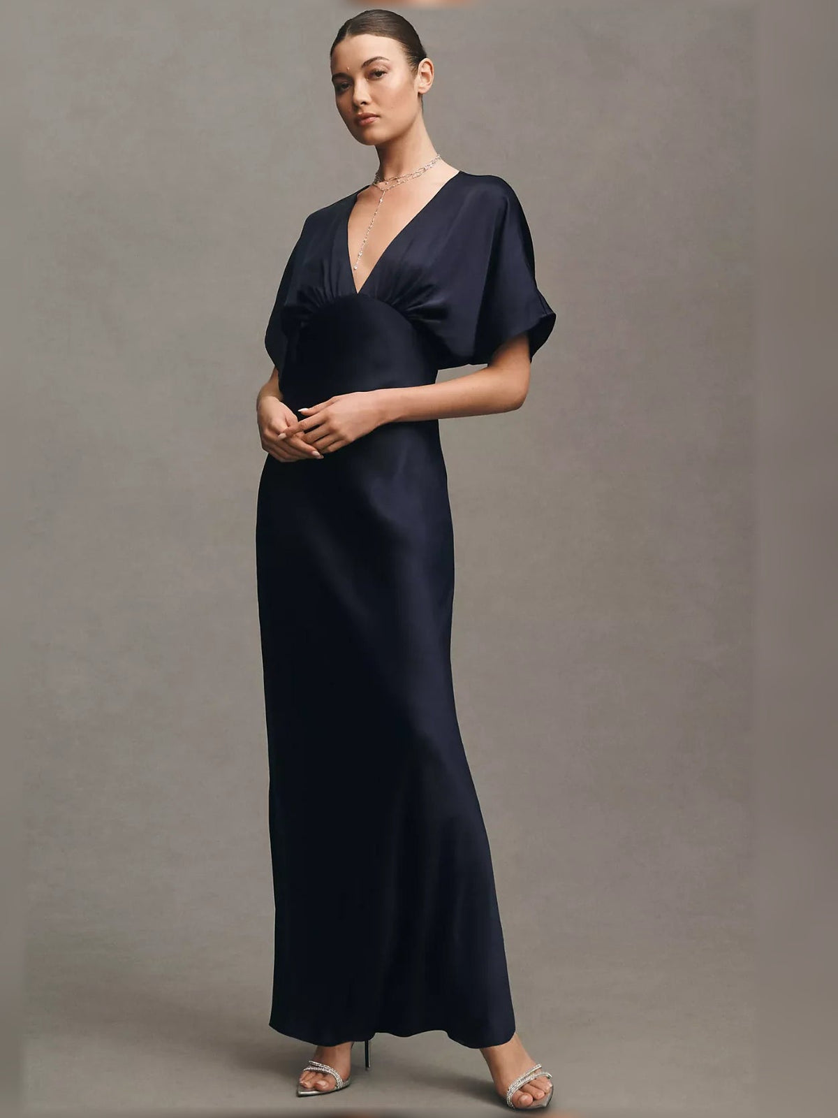 Dark navy satin column maxi dress with V-neck and short loose sleeves