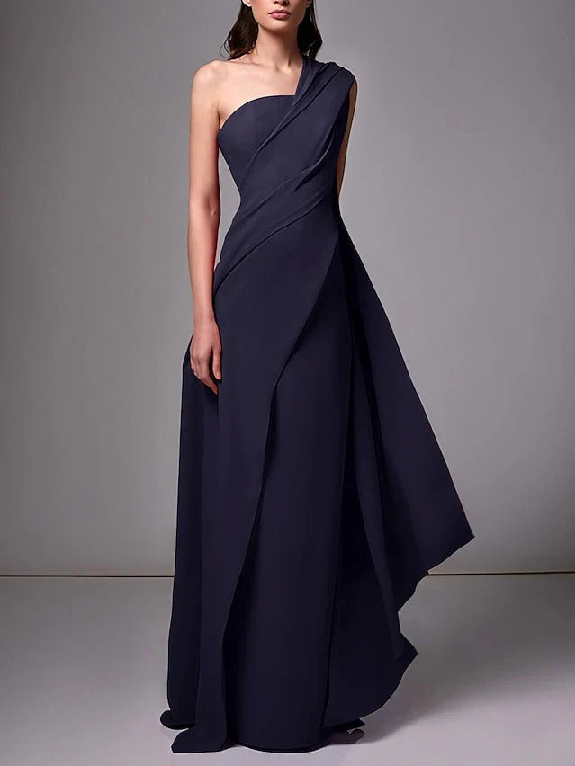 One-shoulder dark navy formal dress with asymmetrical drape, A-line floor-length skirt