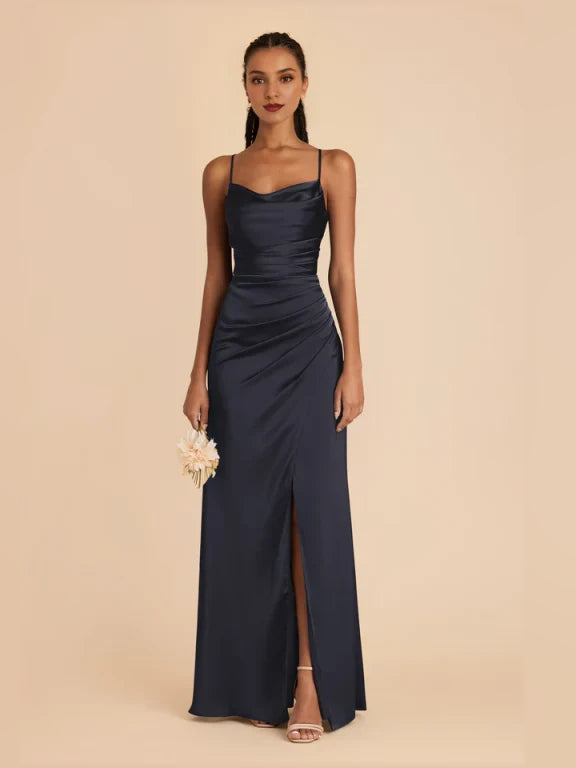 Dark navy ruched cowl-neck maxi satin dress with side slit and thin shoulder straps