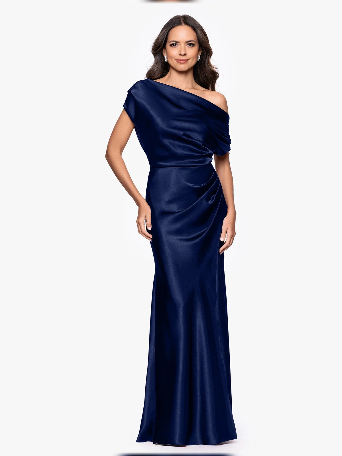 Dark navy satin one-shoulder draped mermaid gown, floor-length