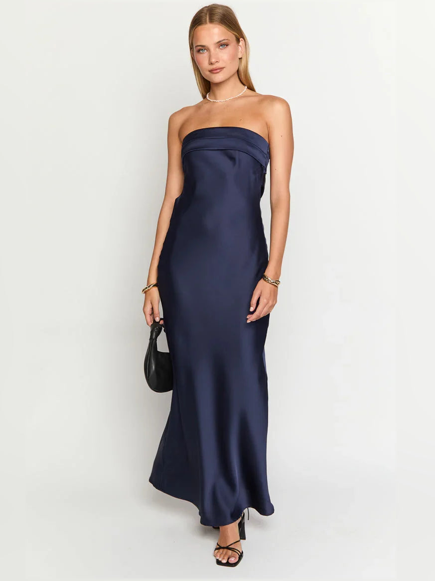 Dark navy strapless mermaid satin maxi dress with side slit