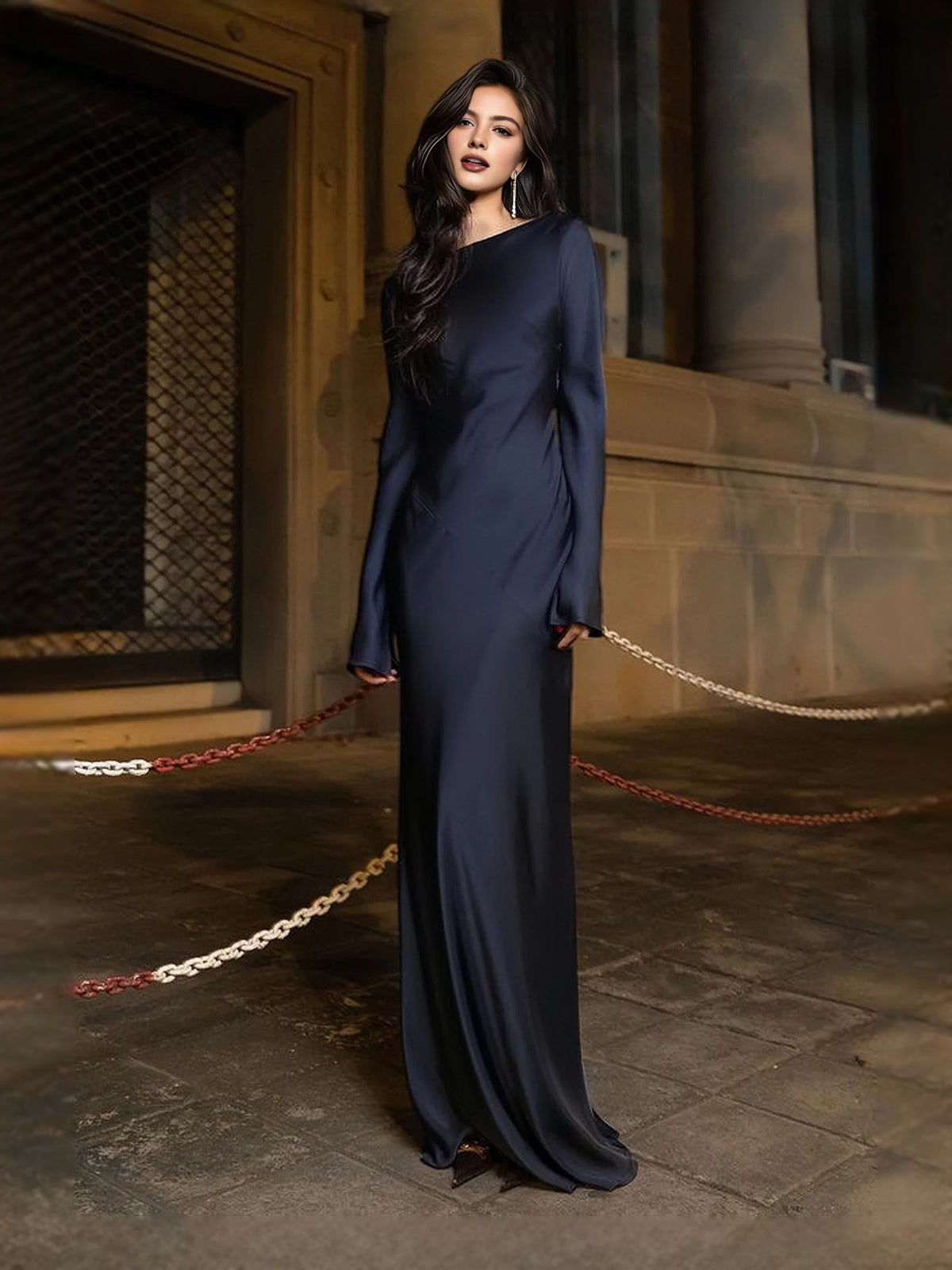 Navy satin mermaid maxi prom dress with draped boat neckline