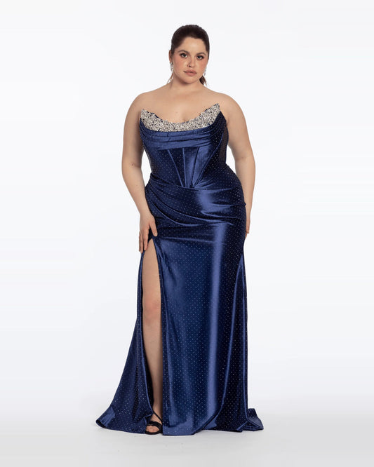 Navy strapless maxi prom dress with pleated corset bodice, beaded neckline, long side slit