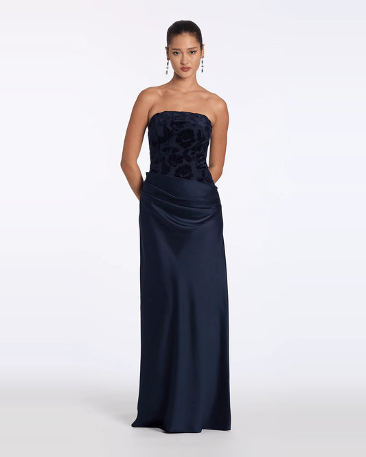 Navy strapless corset maxi prom dress with ruched waist, long column silhouette