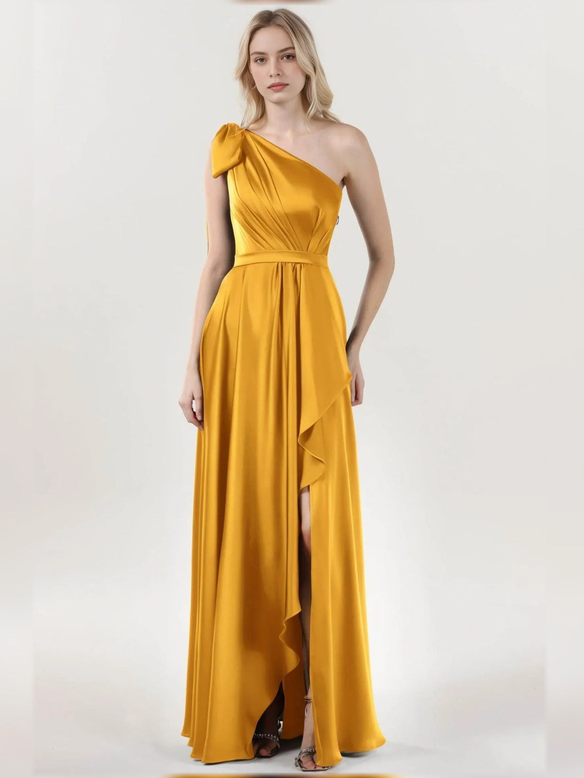 Gold one-shoulder slit A-line floor-length satin formal dress with draped waist