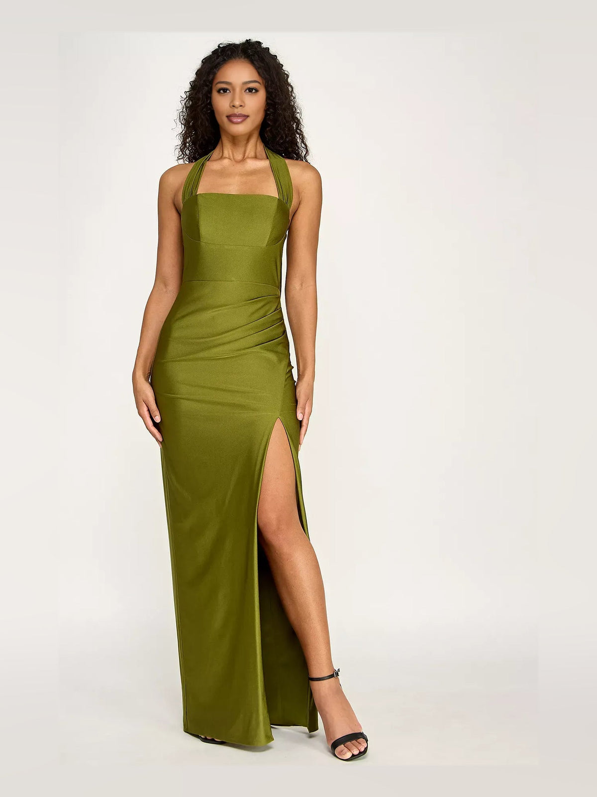 Moss green halter satin formal dress with ruched seam and thigh-high slit