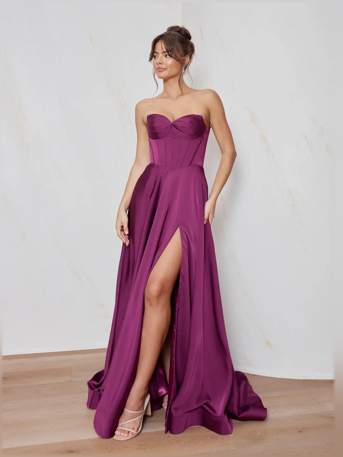 Orchid purple strapless corset maxi dress with sweetheart bow and front slit
