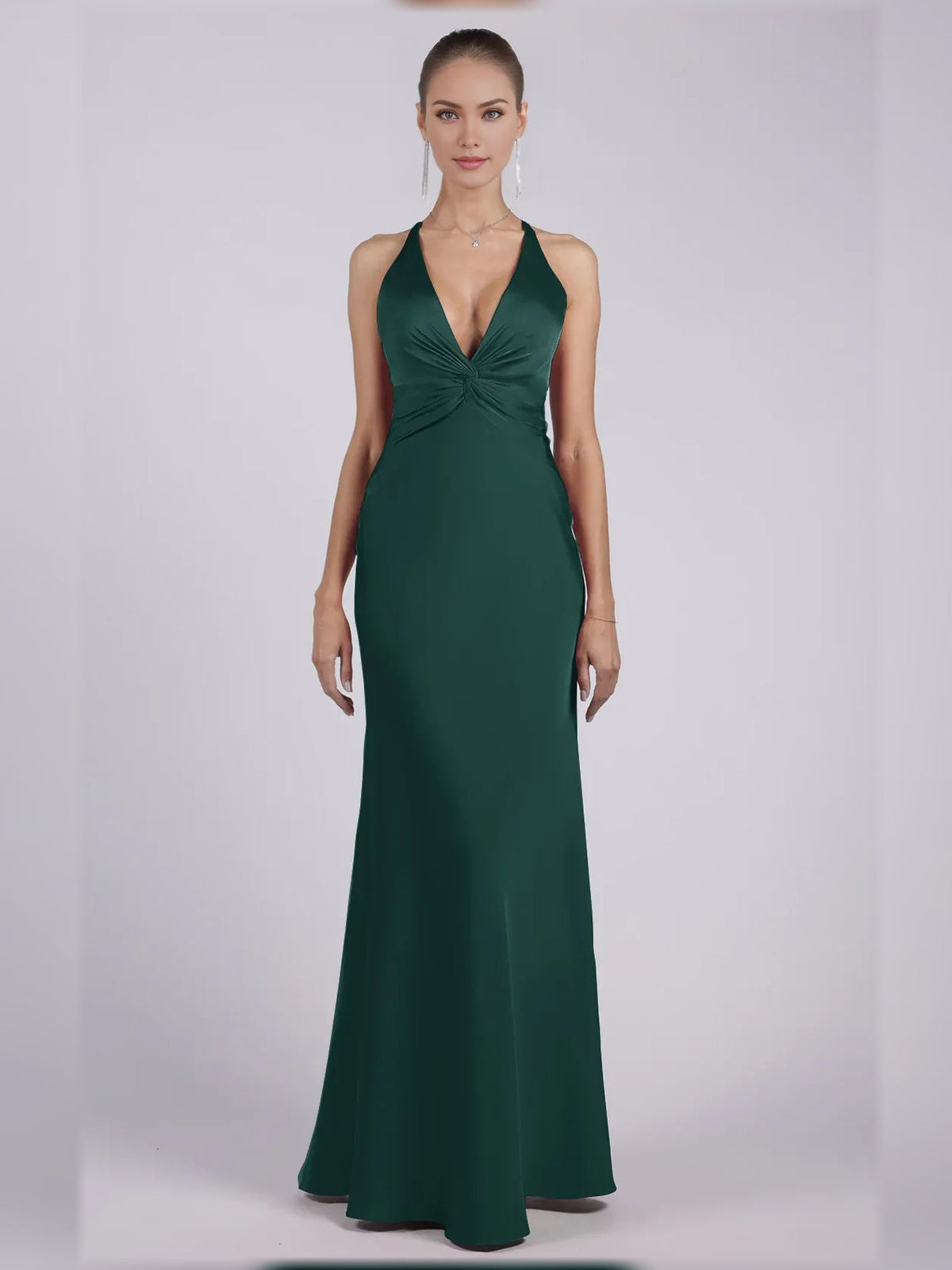 Halter-neck satin sheath formal dress, dark green, sleeveless, floor-length