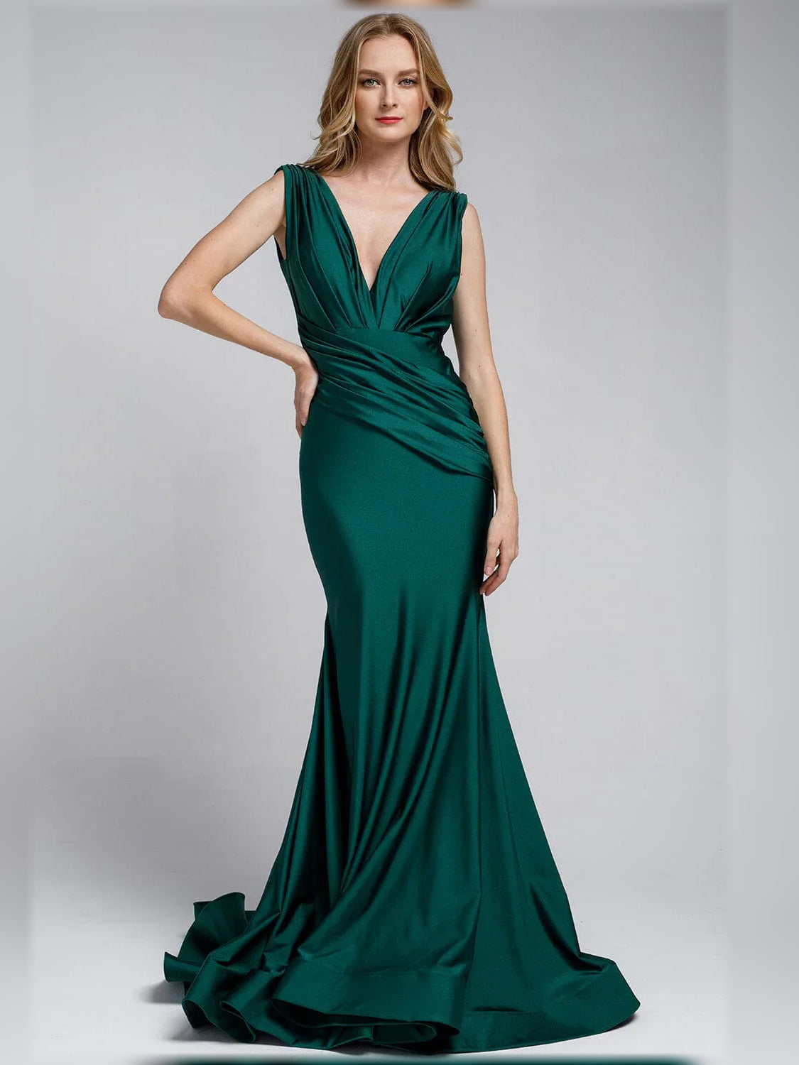 Deep green V-neck sleeveless mermaid formal dress with ruched drape waist