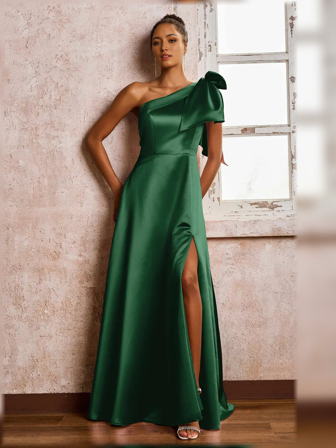 Dark green one-shoulder satin A-line formal dress with side slit, floor-length