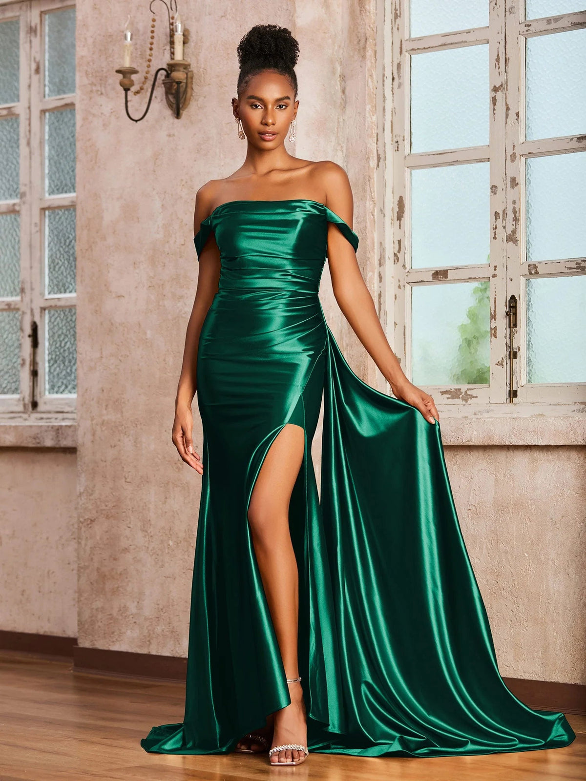 Emerald green off-shoulder satin formal dress with corset bodice and side drape slit