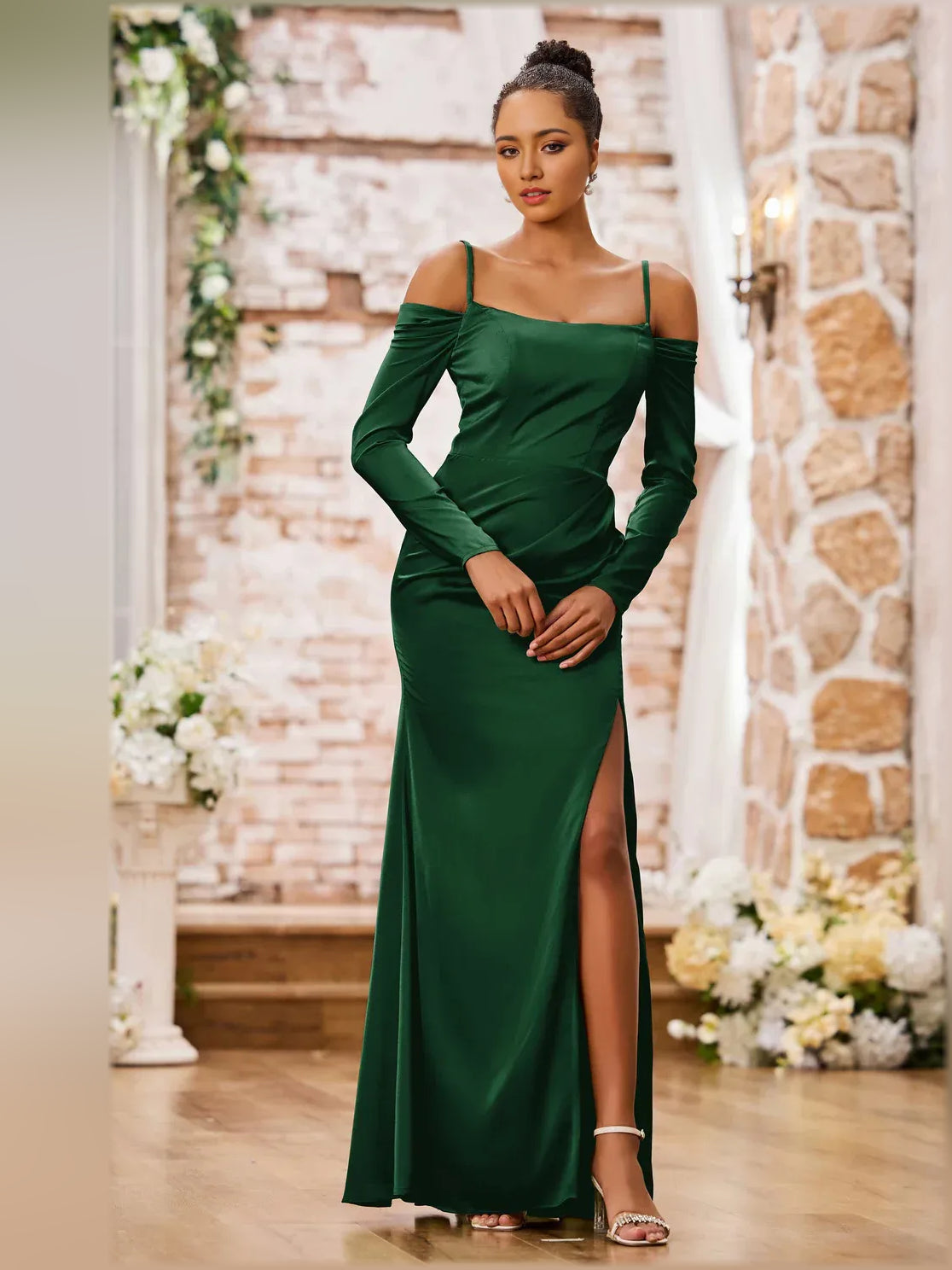 Dark green off-shoulder formal dress with long sleeves, ruching, floor length slit