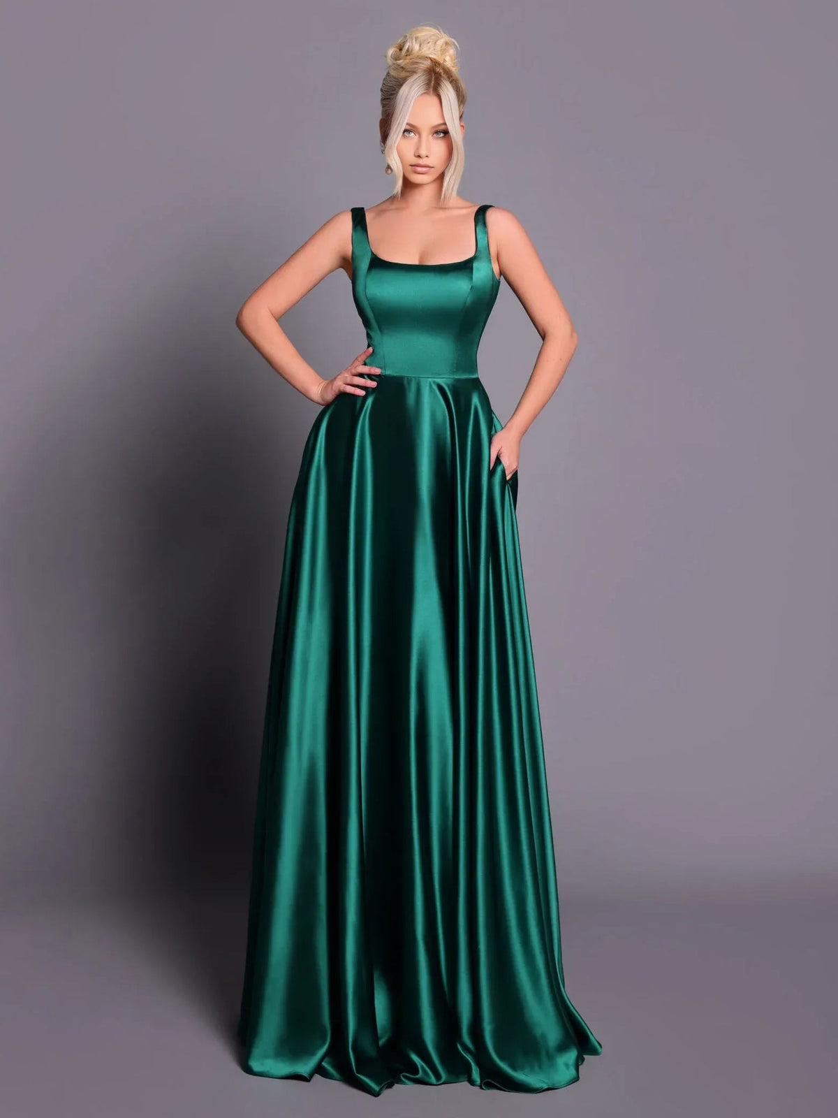 Green satin formal dress with square neckline and fitted bodice, A-line floor length