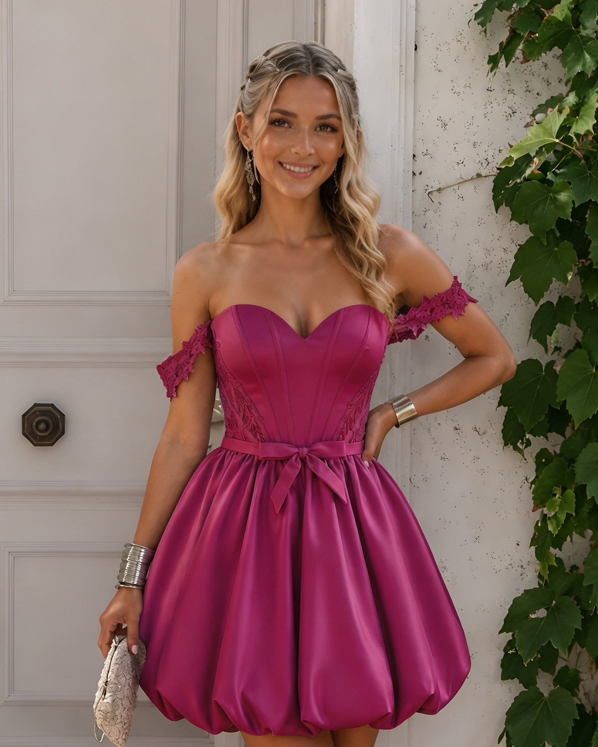 Off-shoulder satin homecoming dress in magenta, lace-trim neckline and bubble hem