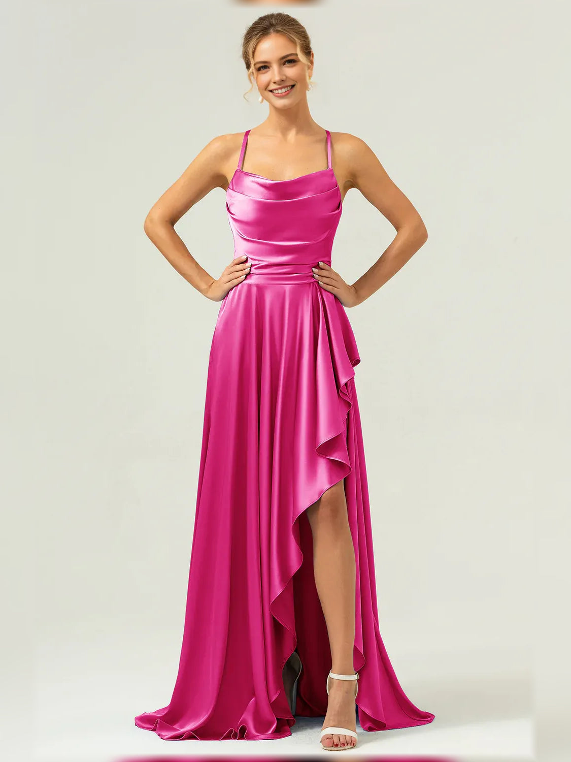 Fuchsia cowl-neck formal dress with thin straps, ruffled hem, and high slit