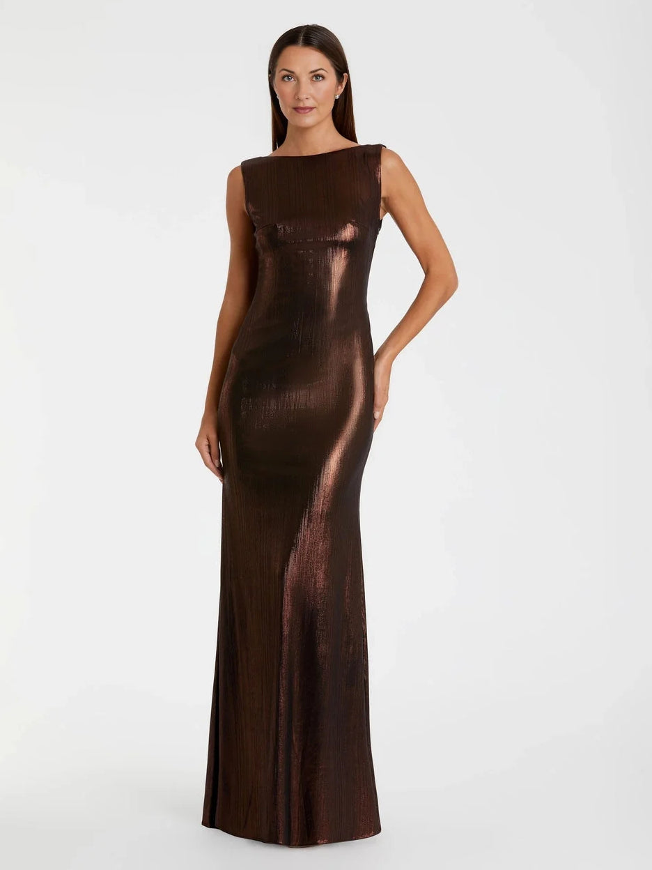 Front view: floor-length sheath dress with draped boat neckline and subtle ruffle trim
