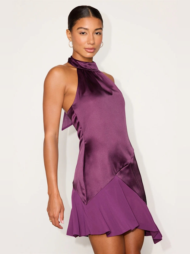 Purple satin halter-neck mini dress with gathered high neck and pleated skirt