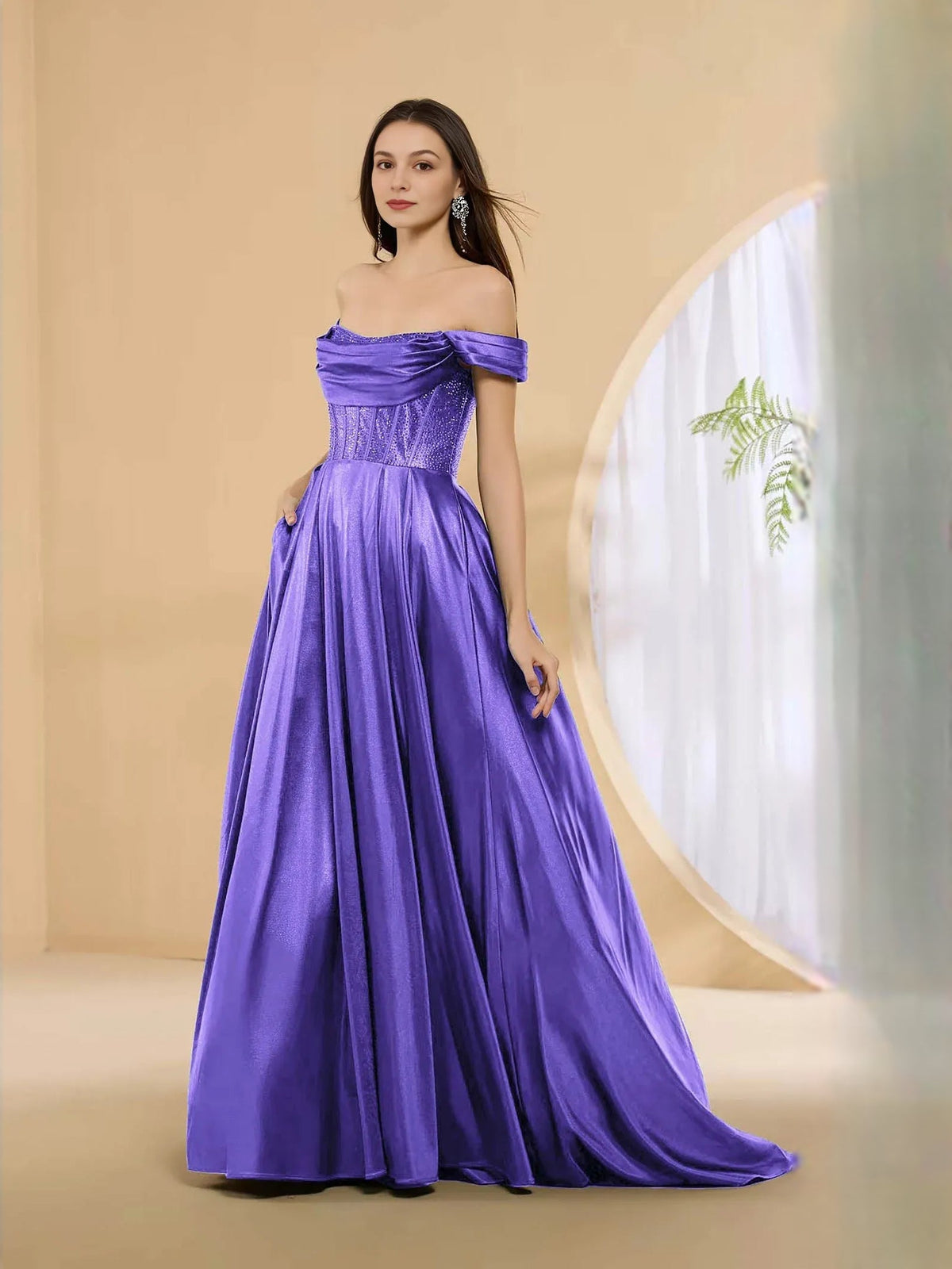 Off-shoulder corset formal dress in purple with pleated floor-length skirt