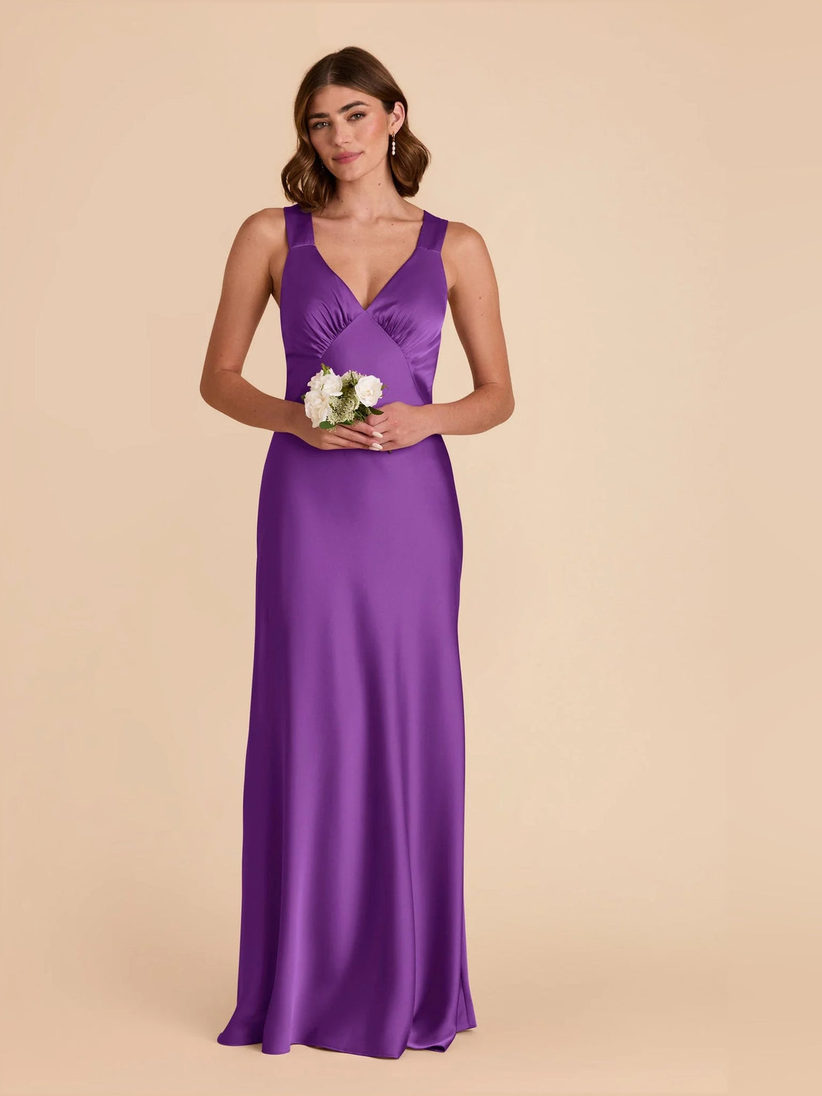 Ruched V-neck A-line maxi satin dress in purple, sleeveless with ruched V-neck.