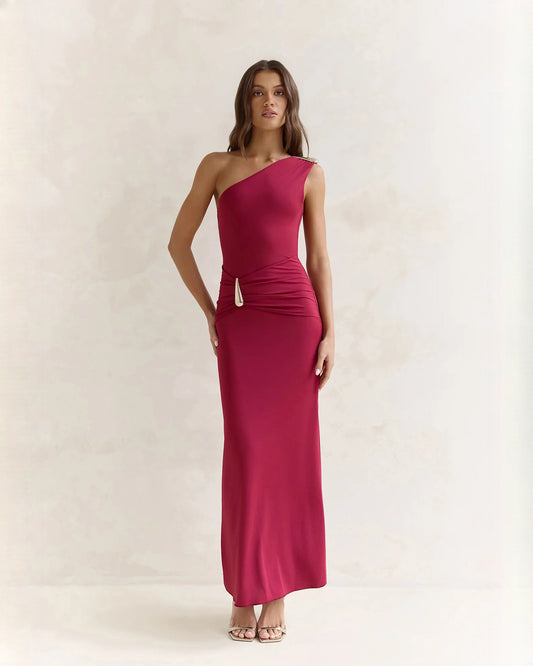 Berry pink satin one-shoulder maxi dress with draped waist detail and long skirt