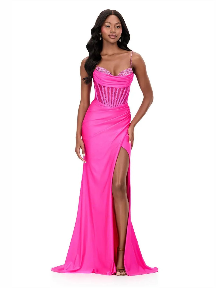 Sweetheart corset mermaid formal dress with spaghetti straps, hot pink front slit