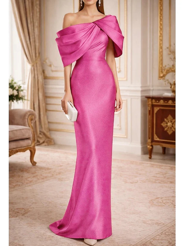 Fuchsia one-shoulder satin gown with draped off-shoulder detail, fitted floor-length.
