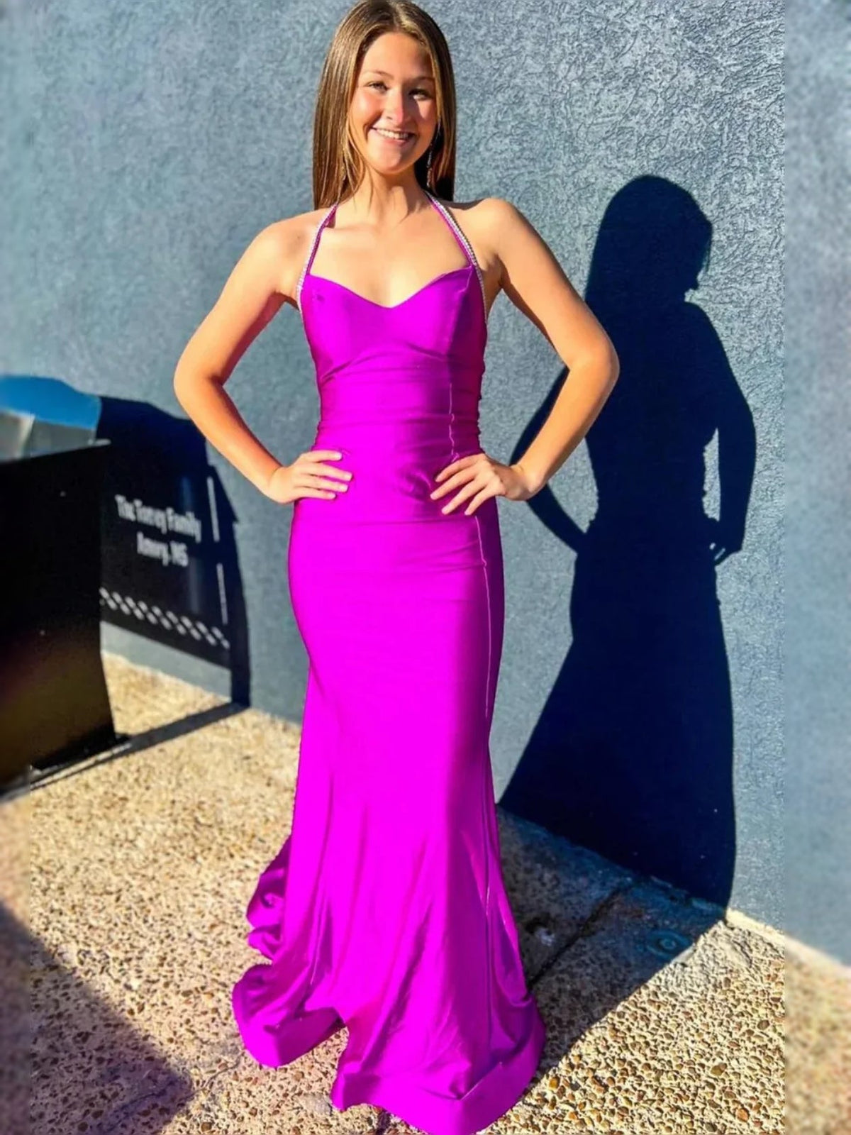 Magenta backless sweetheart mermaid satin prom dress, fitted trumpet hem