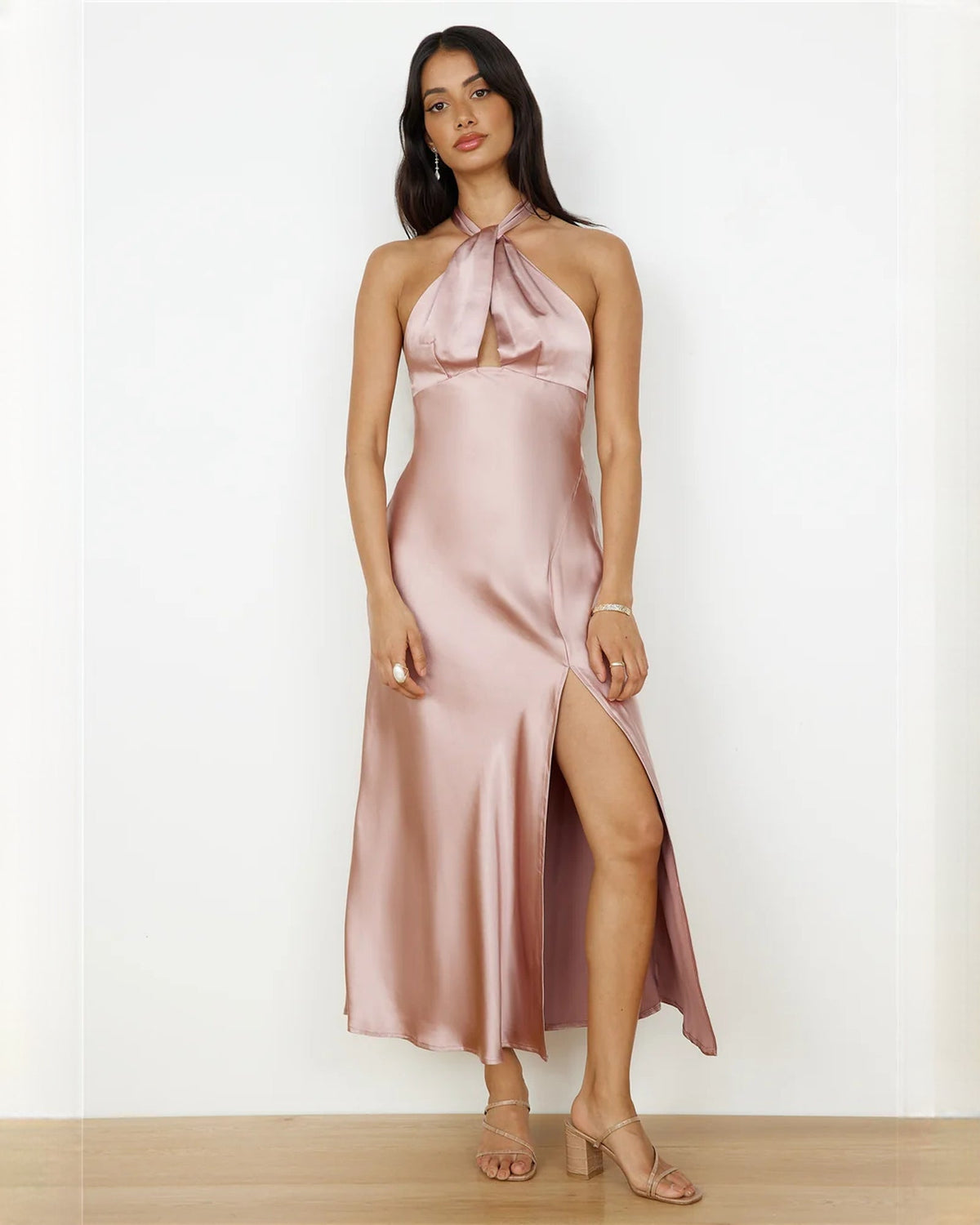 Blush pink satin halter maxi dress with neck-tie keyhole and front slit