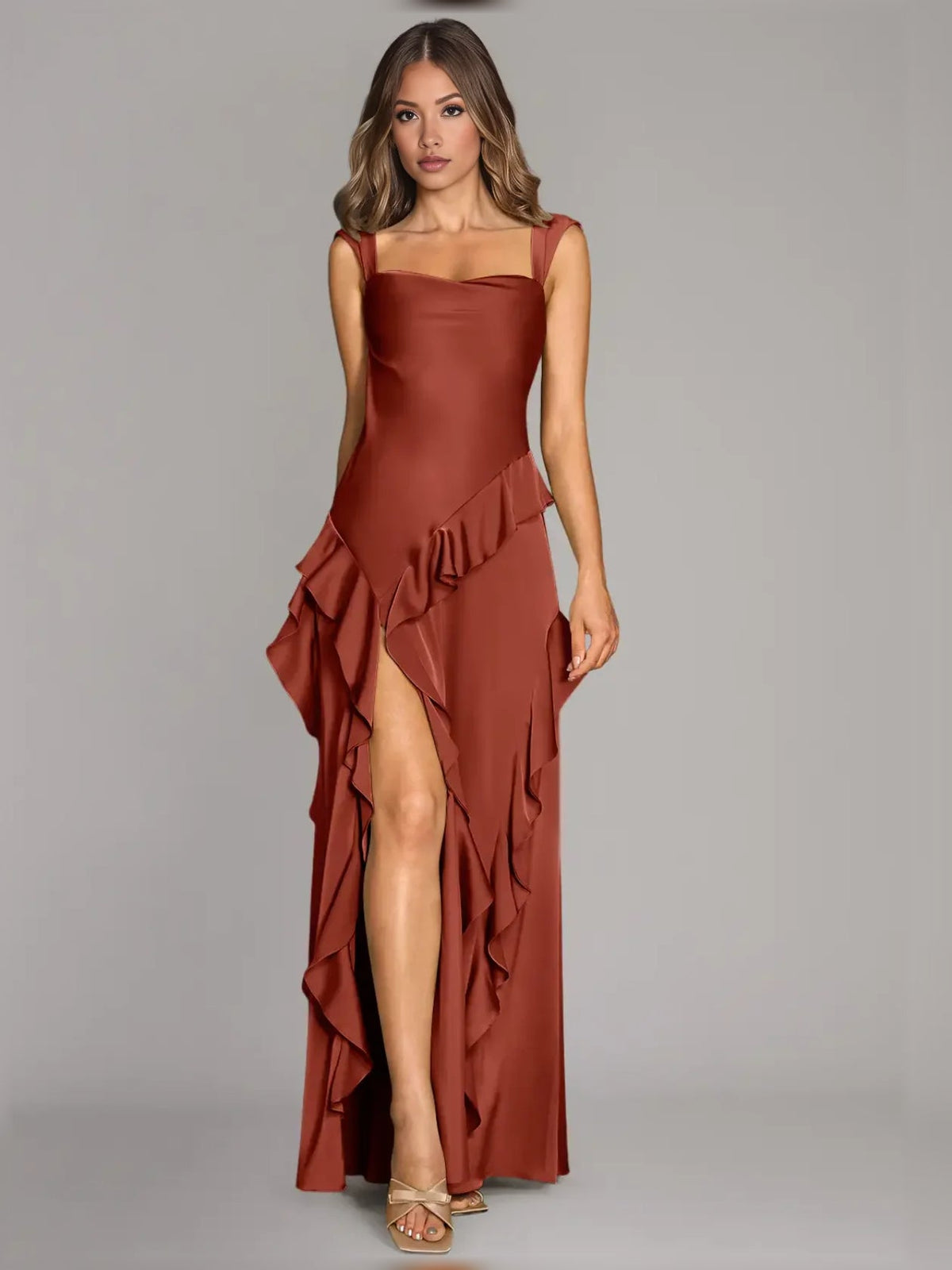 Terracotta ruffled square-neck satin A-line maxi dress, front slit and layered side ruffles