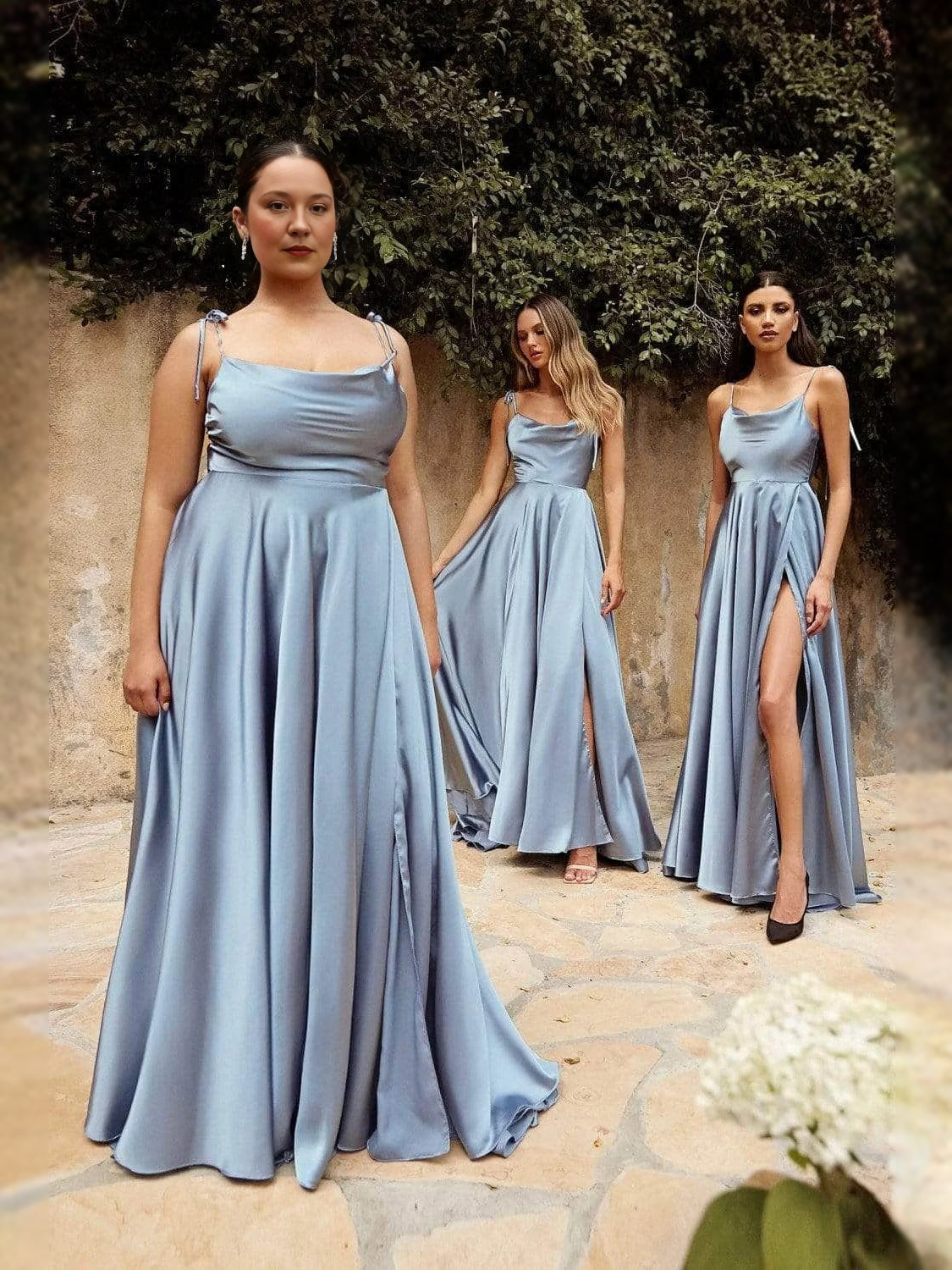 Light blue satin A-line maxi dress with spaghetti straps and side slit