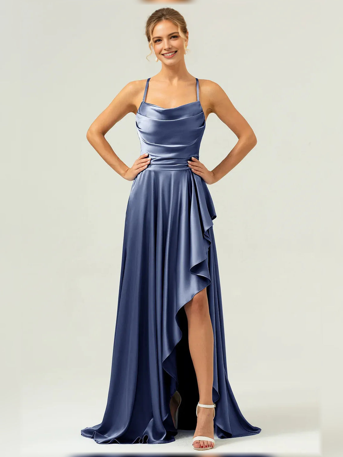 Slate blue cowl-neck formal dress with thin straps, ruffled hem, and high slit