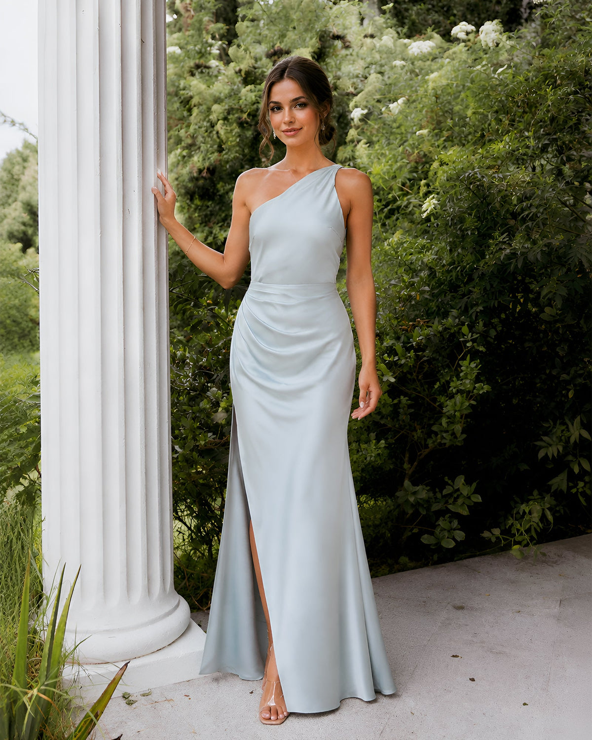 Silver one-shoulder satin bridesmaid gown with ruched waist and side slit, sleeveless