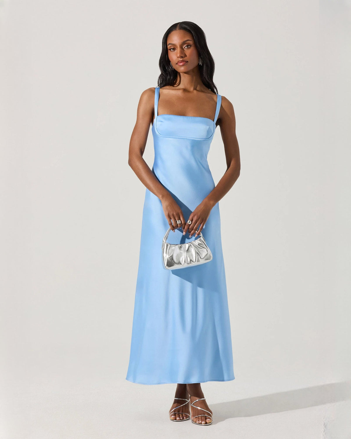 Light blue satin sleeveless A-line maxi bridesmaid dress with square neckline