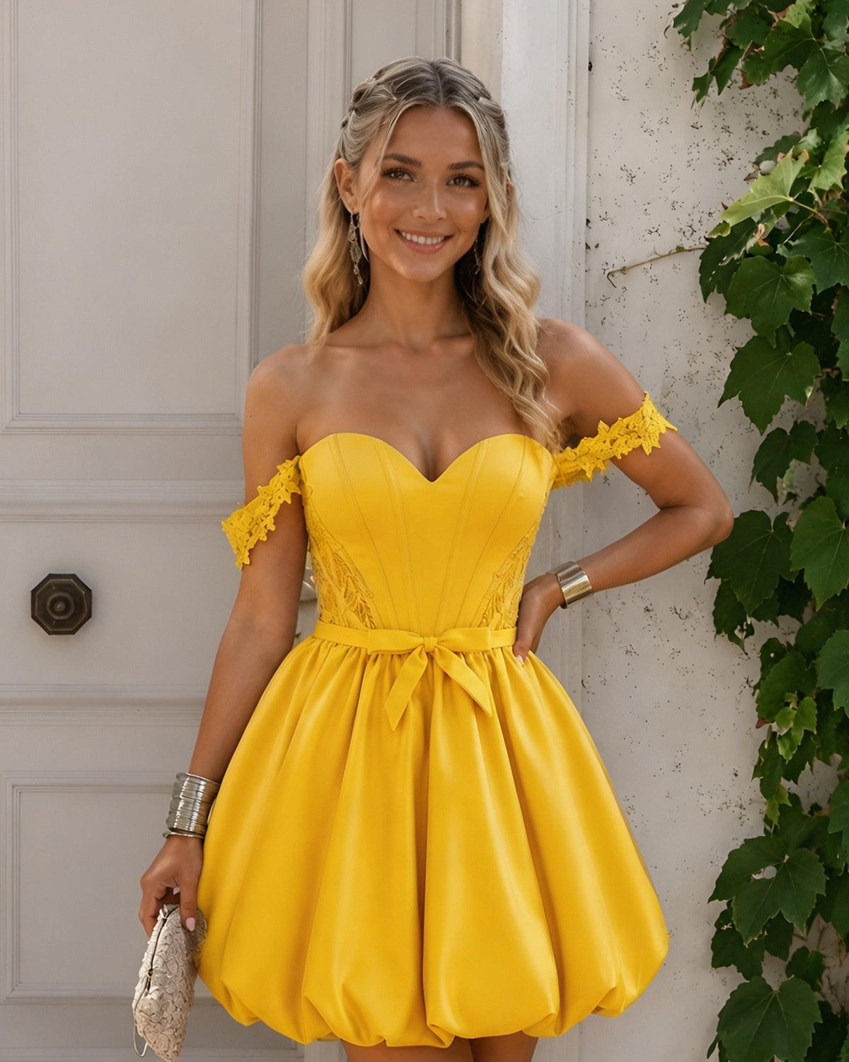 Off-shoulder satin homecoming dress in bright yellow, lace-trim neckline and bubble hem