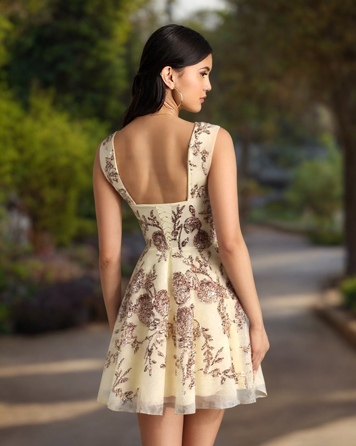 Beige floral corset cocktail dress, open-back design and short flared skirt