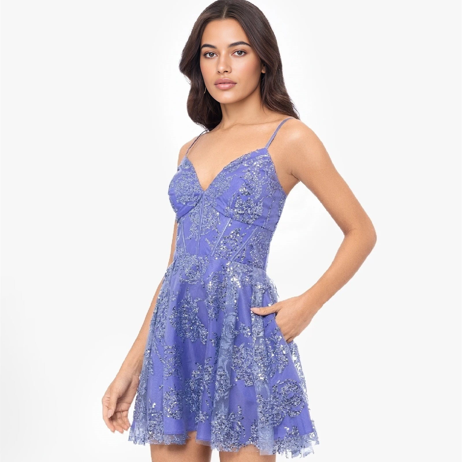 Purple sequin corset homecoming dress with fitted bodice and flared sequin skirt