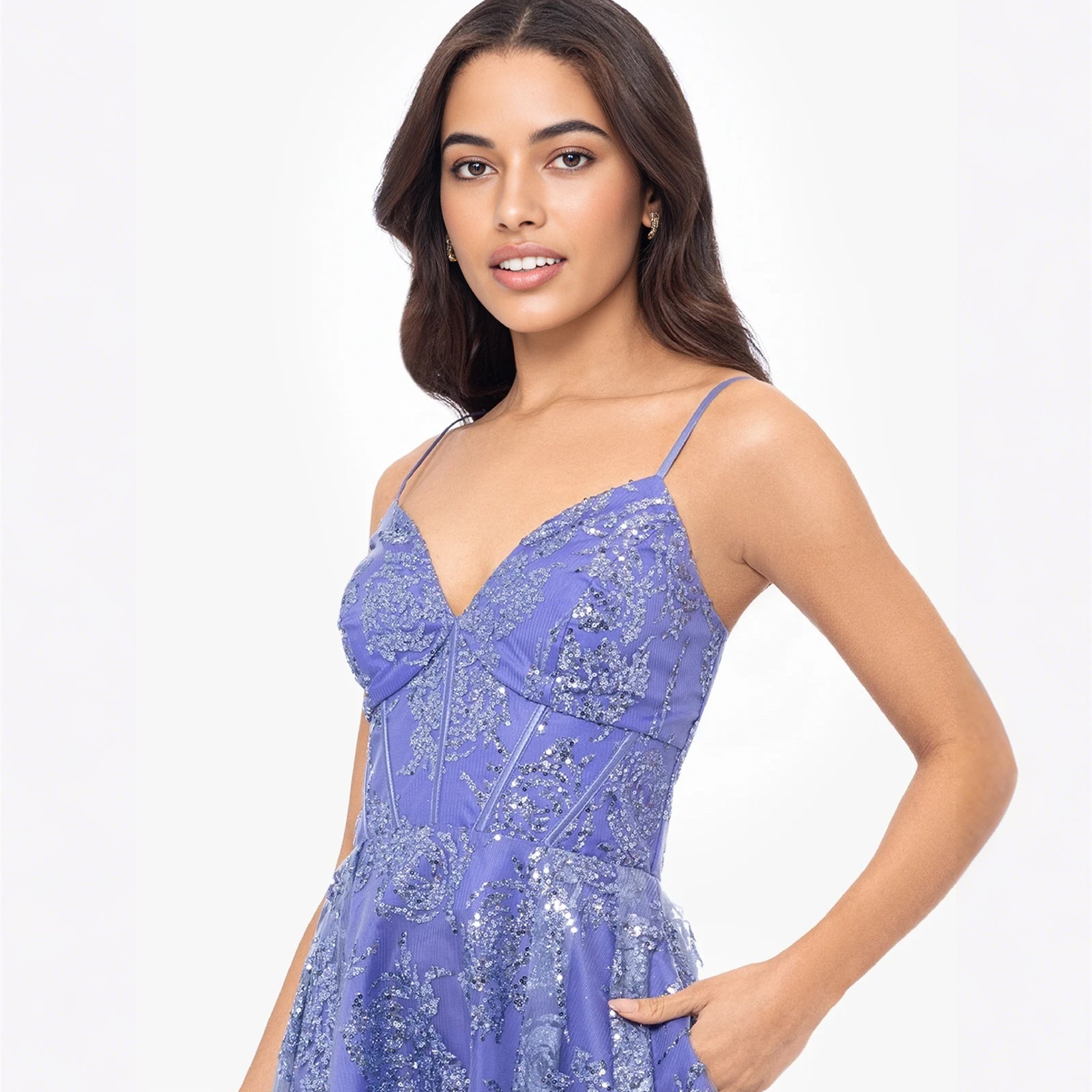 Purple sequin corset homecoming dress bodice with sweetheart neckline and thin straps