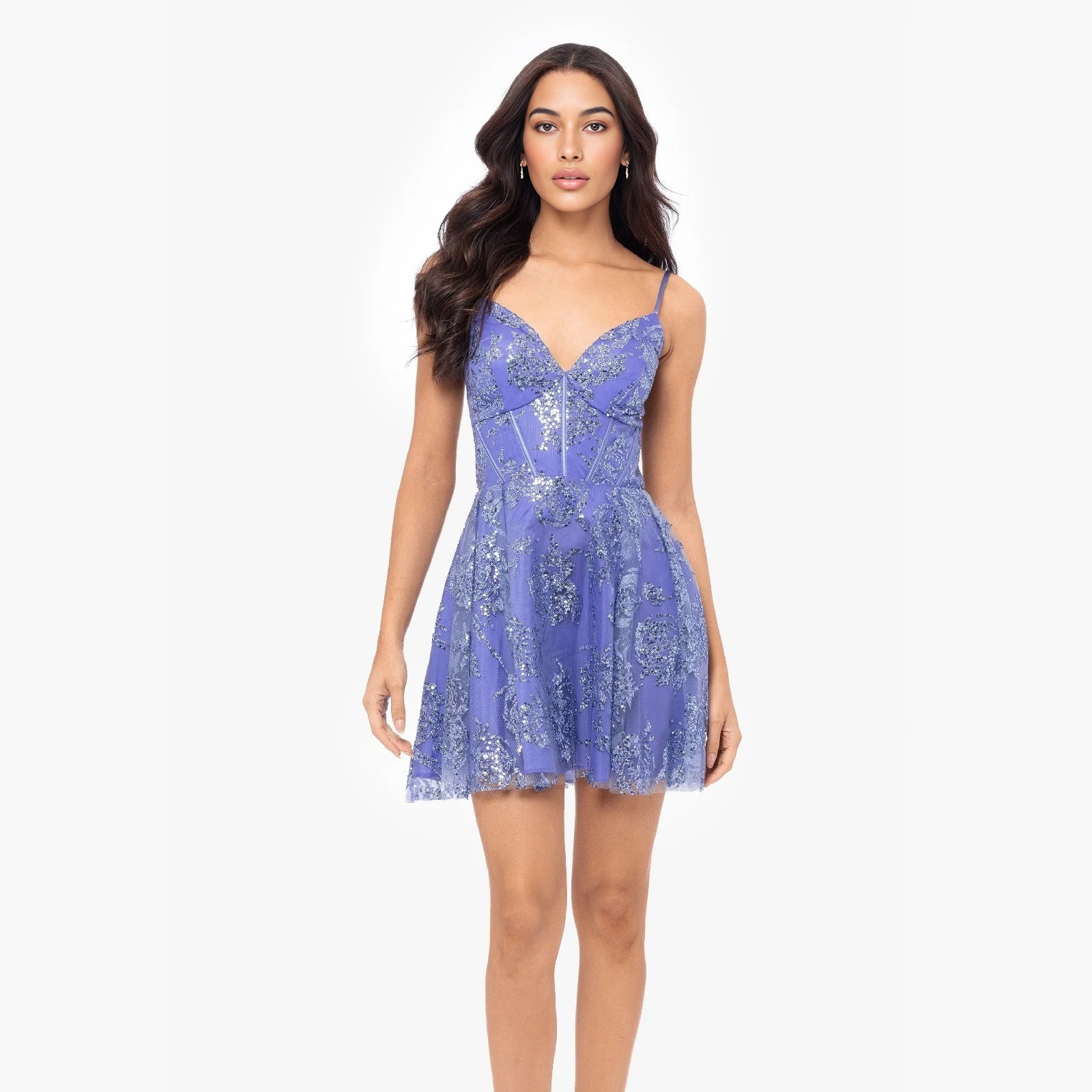 Purple sequin corset homecoming dress with spaghetti straps and corset lacing detail