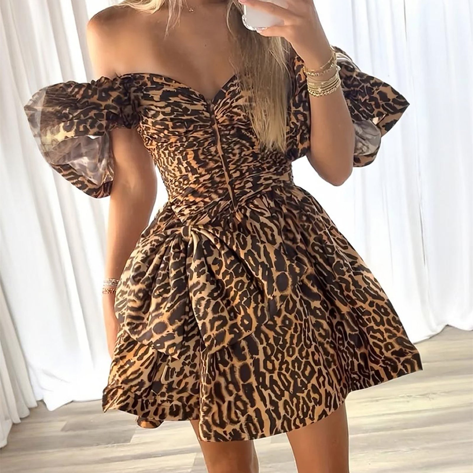 Leopard print off-shoulder short dress with sweetheart neckline and flared skirt