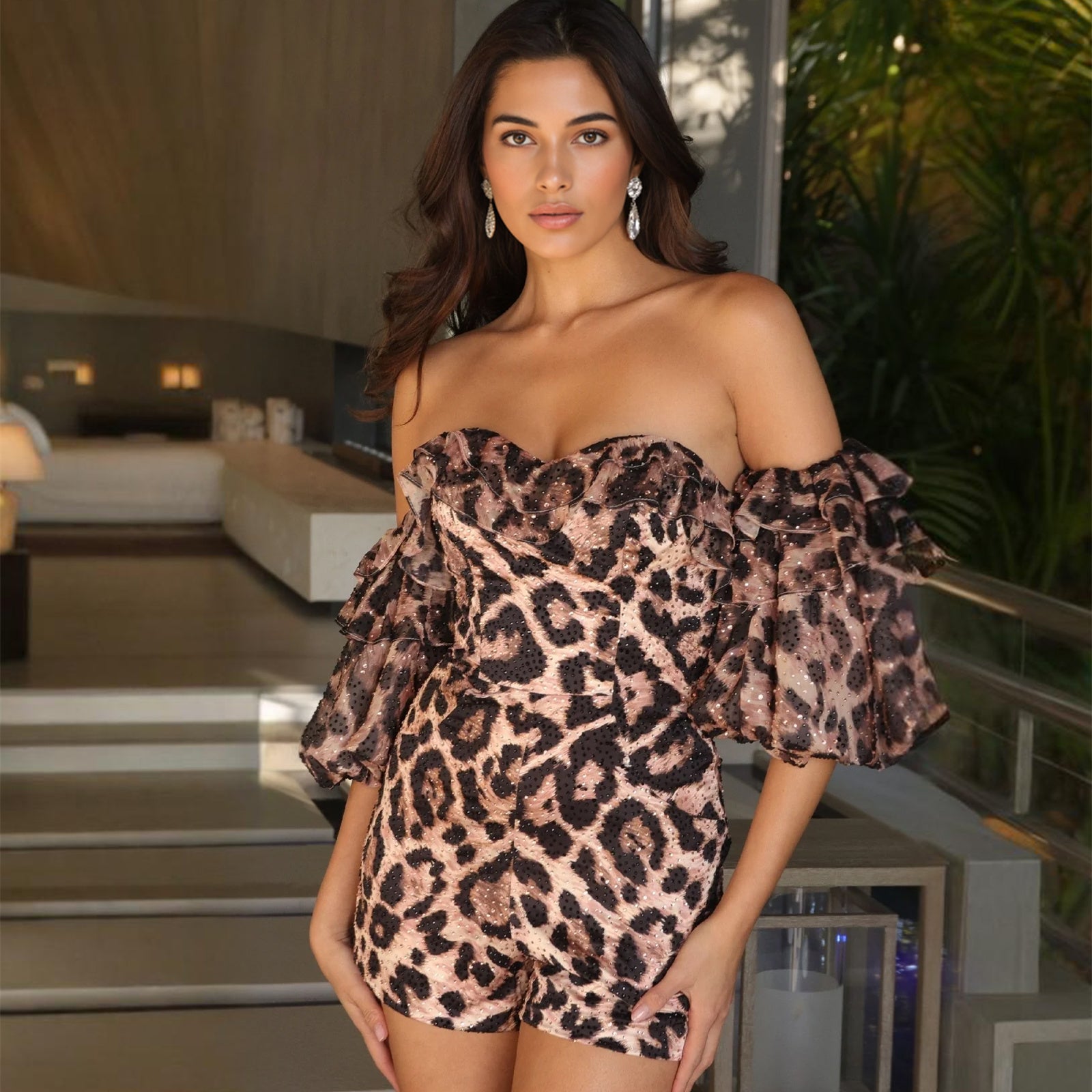 Leopard print off-shoulder mini dress with sweetheart neckline and bubble sleeves