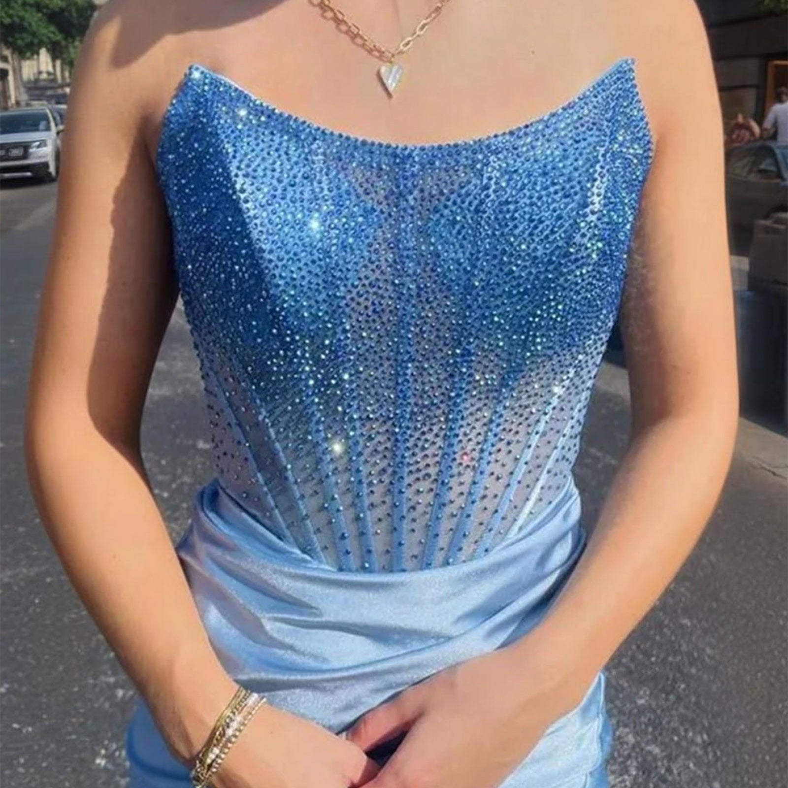 Blue rhinestone corset bodice with ruched satin short dress front