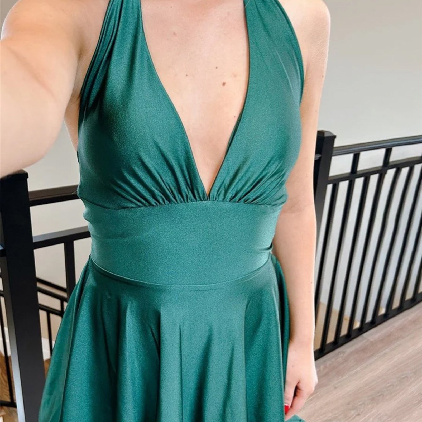 Green satin short homecoming dress, halter plunging V-neck, ruched waist, A-line skirt