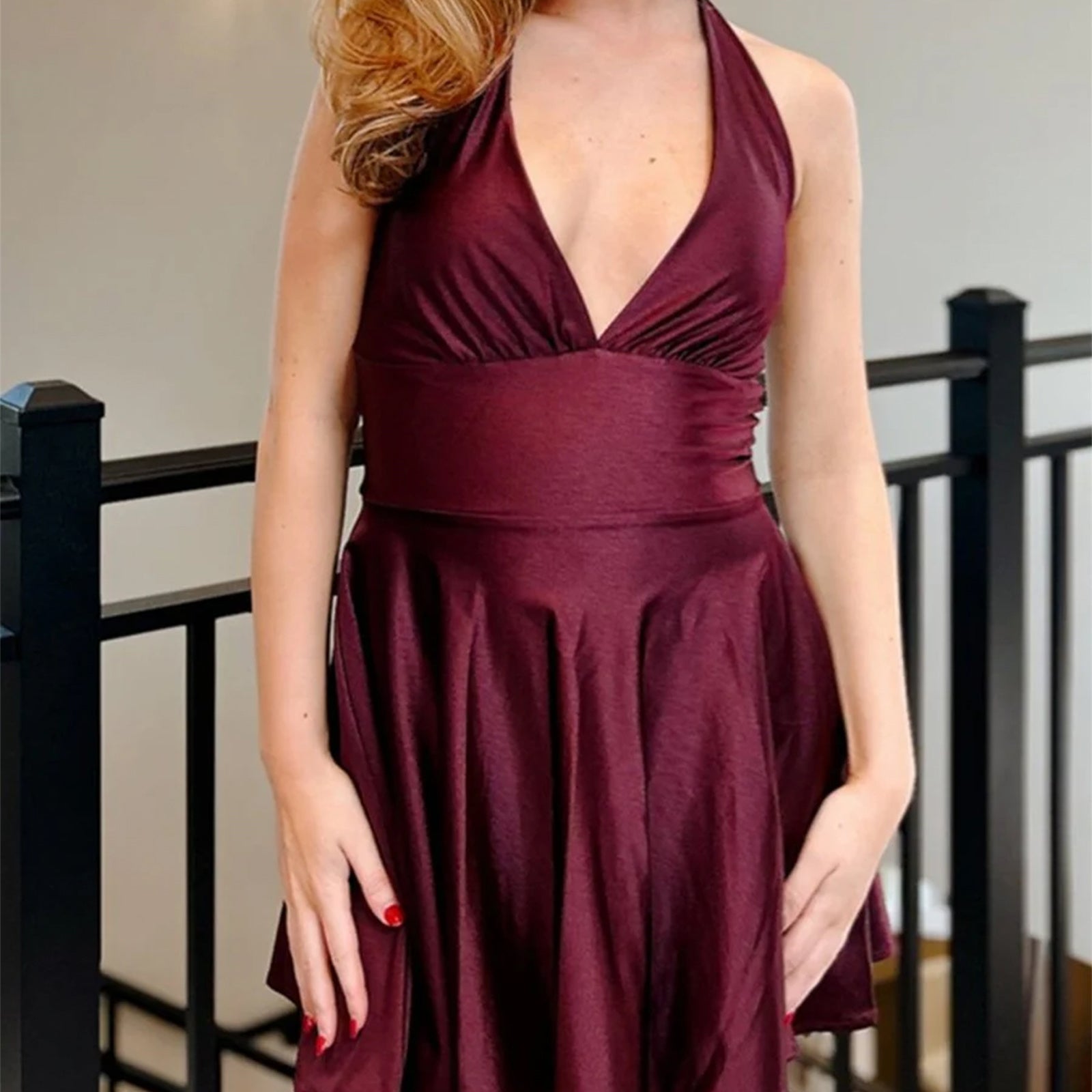 Claret satin short homecoming dress, halter V-neck, ruched bodice, tie-back detail