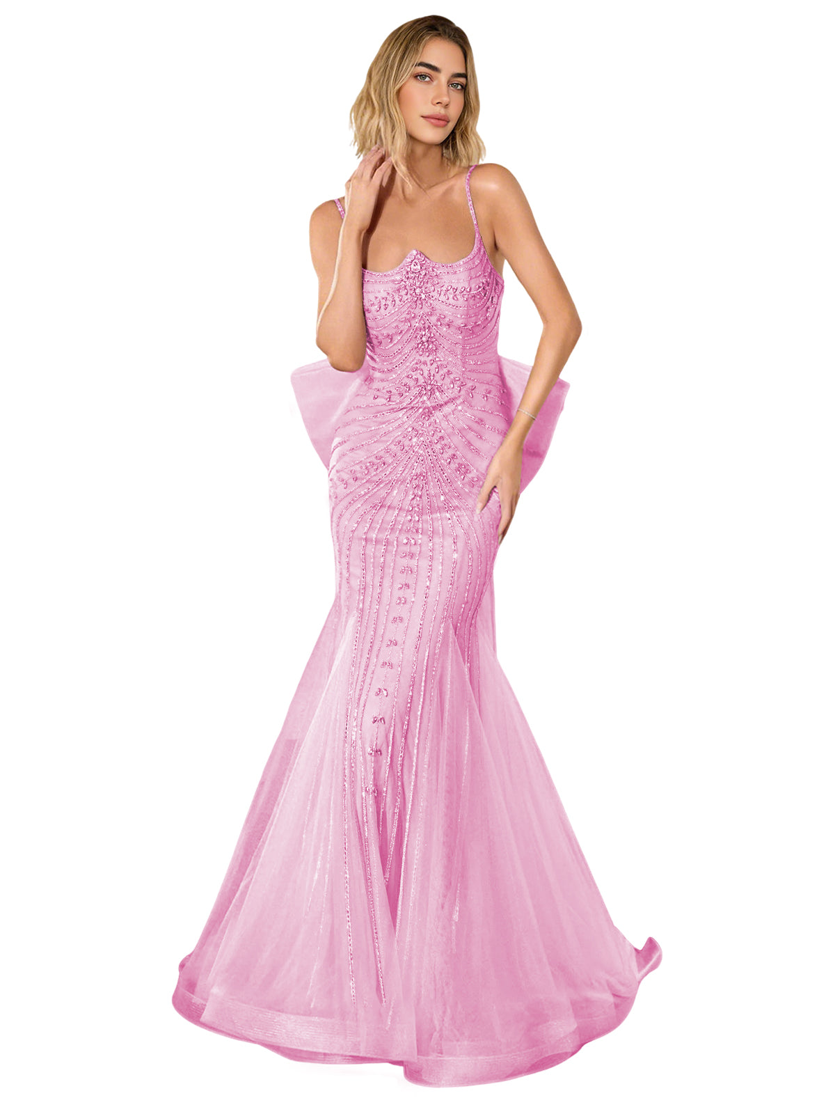 Lace corset-back trumpet prom dress, blush pink with lace bodice and sweep train