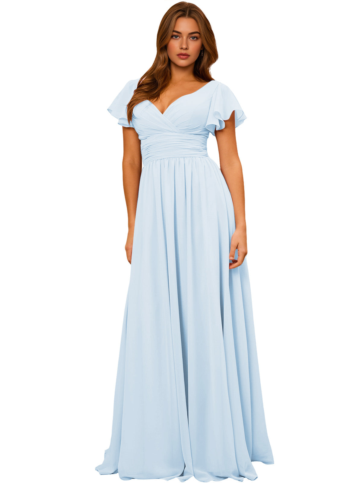 Light blue chiffon bridesmaid dress with V-neck, flutter sleeves, empire waist, long maxi skirt.