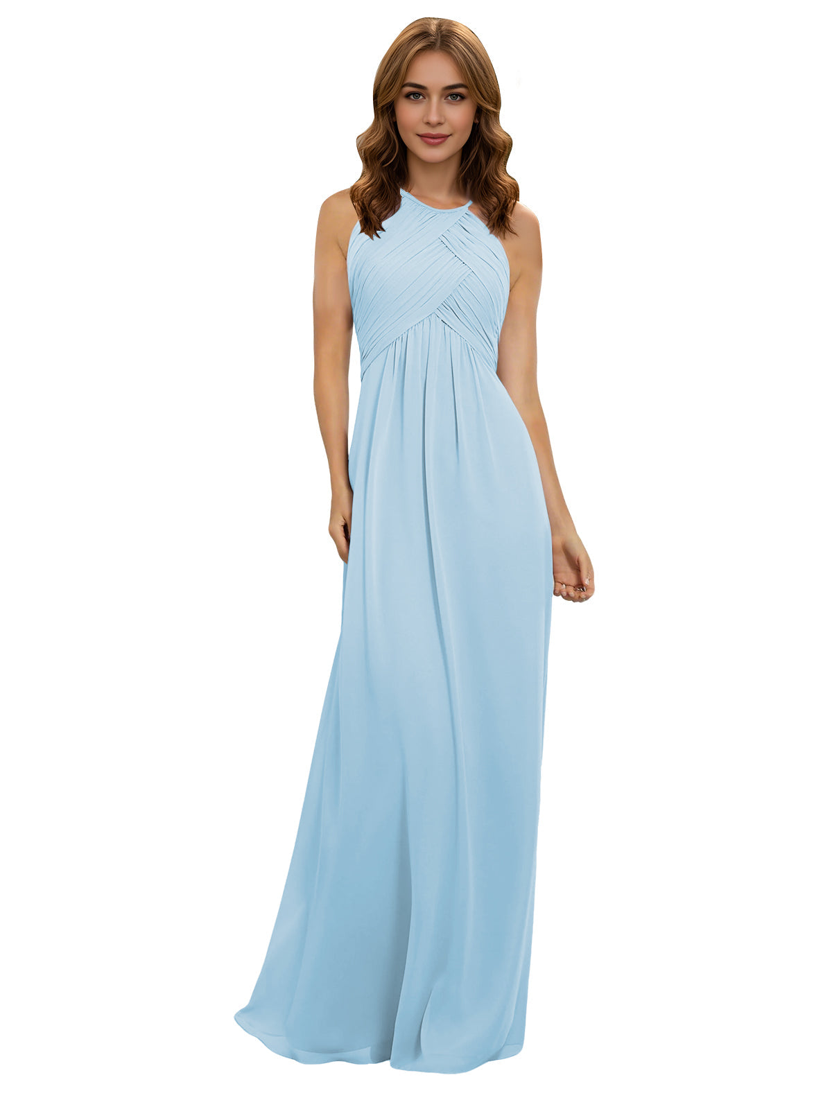 Light blue chiffon bridesmaid dress with twisted halter neckline and keyhole bodice