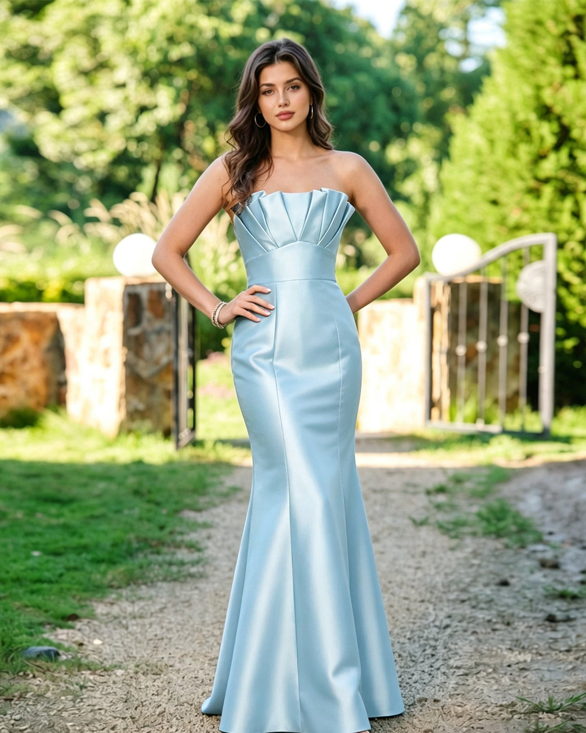 Light blue strapless pleated bodice formal mermaid dress, fitted waist, flared skirt