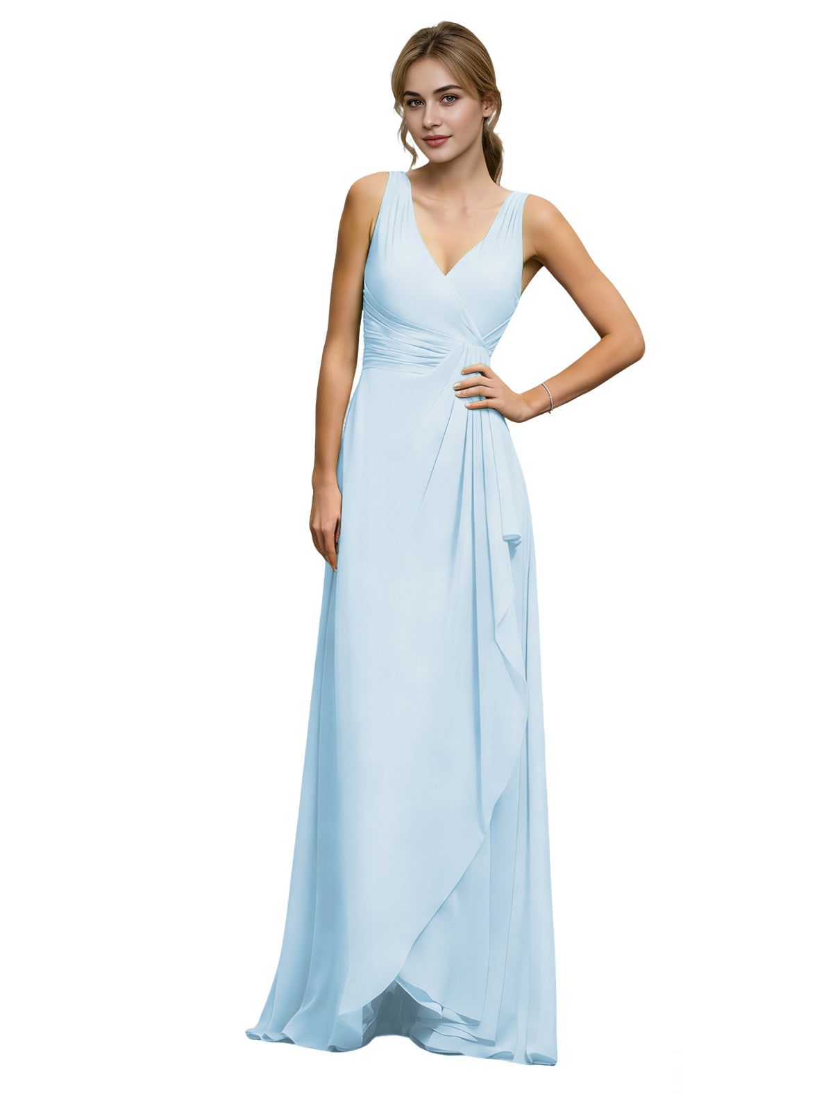 Powder blue halter V-neck chiffon bridesmaid dress with draped sash waist